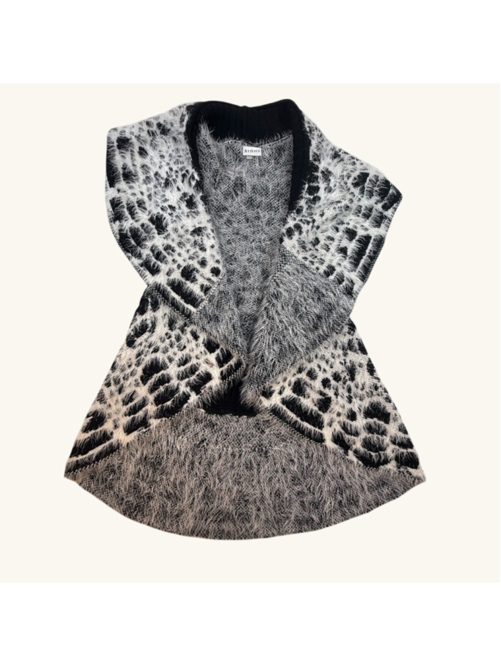 Sioni Studio Black White Fuzzy Leopard Print Open Front Sweater Vest S/M